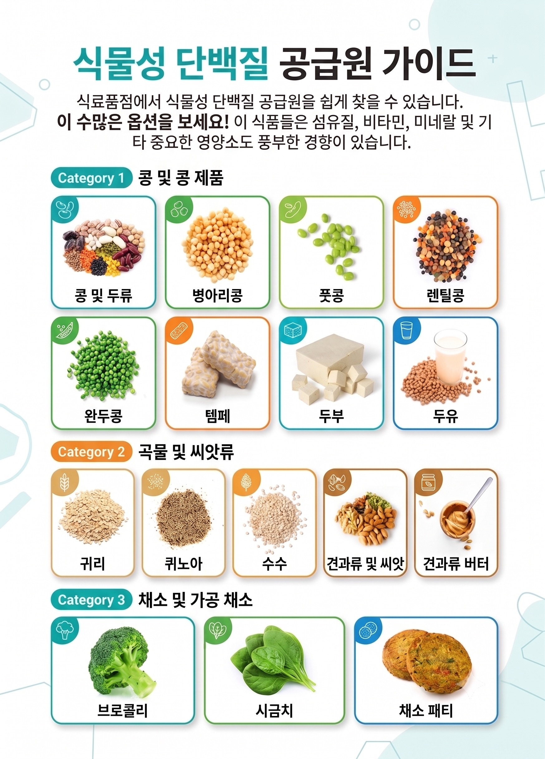 콩 및 콩 제품, 곡물 및 씨앗류, 채소 및 가공 채소로 분류한 식물성 단백질 공급원 가이드